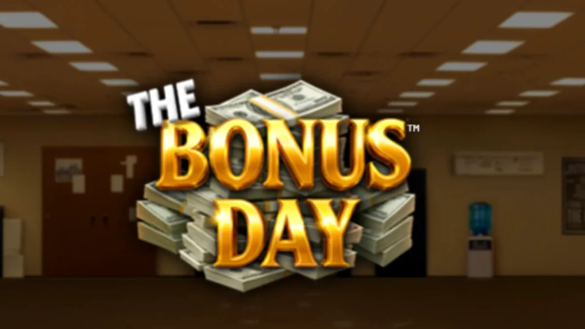 Visual slot The Bonus Day dengan tema kantor kartun dan simbol bonus